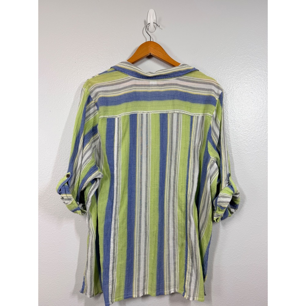 CJ Banks Shirt Women's 3X Blue Green Gauze Striped Roll Tab Sleeve Tunic - Picture 2 of 7